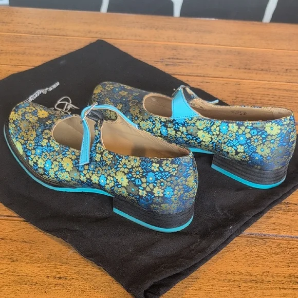John Fluevog Teal and Gold Floral Mary Jane Flats - Picture 6 of 9